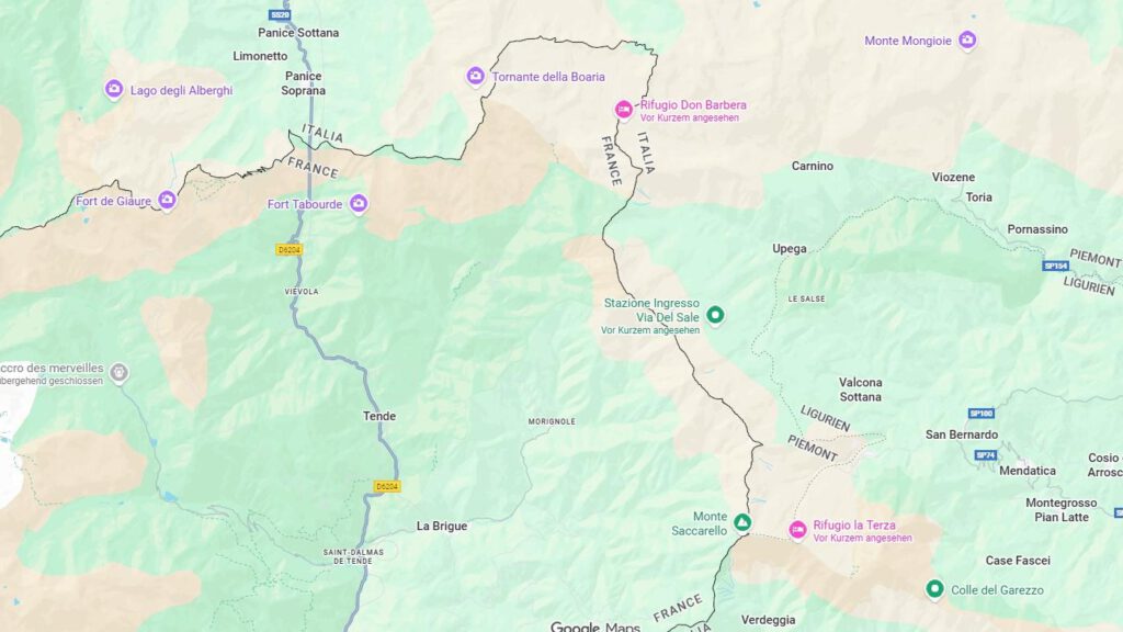 Kartenausschnitt Salzstraße Via del Sale Grenzkamm Militärstraße Ligurien Piemont Frankreich